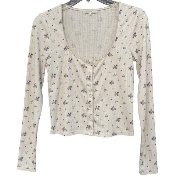 Z Supply Floral Waffle Knit Thermal Top XS Cream Stretch - Picture 1 of 6